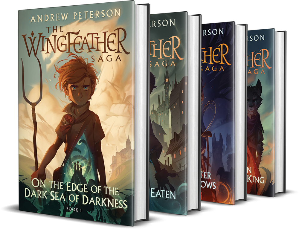 A Picture of the 4 Wingfeather Saga books next to each other, with the first cover visible and the other covers partially visible