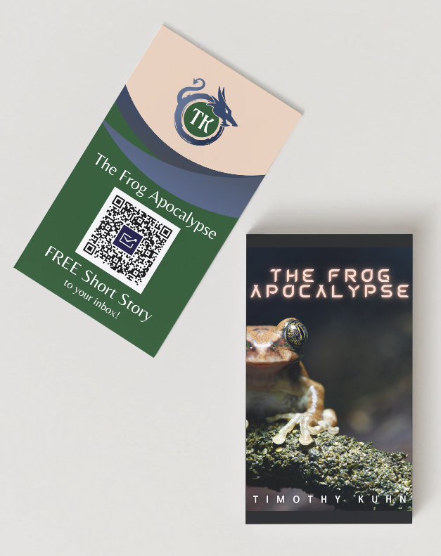 Front and Back of my new author business cards. The front has the Story Cover for The Frog Apocalypse, and the back has a QR code where people can sign up for my newsletter and get the story emailed to them for free